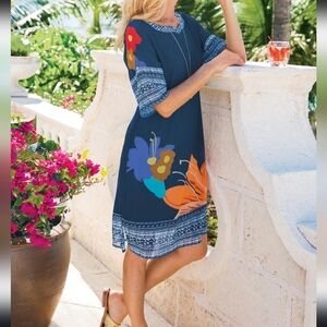 Soft Surroundings Hibiscus Floral Blue Dress with Short Sleeves